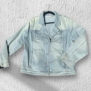 Chicos Stonewash Denim Jacket Pearl Rhinestone Buttons 2/12 14 Cotton Spandex